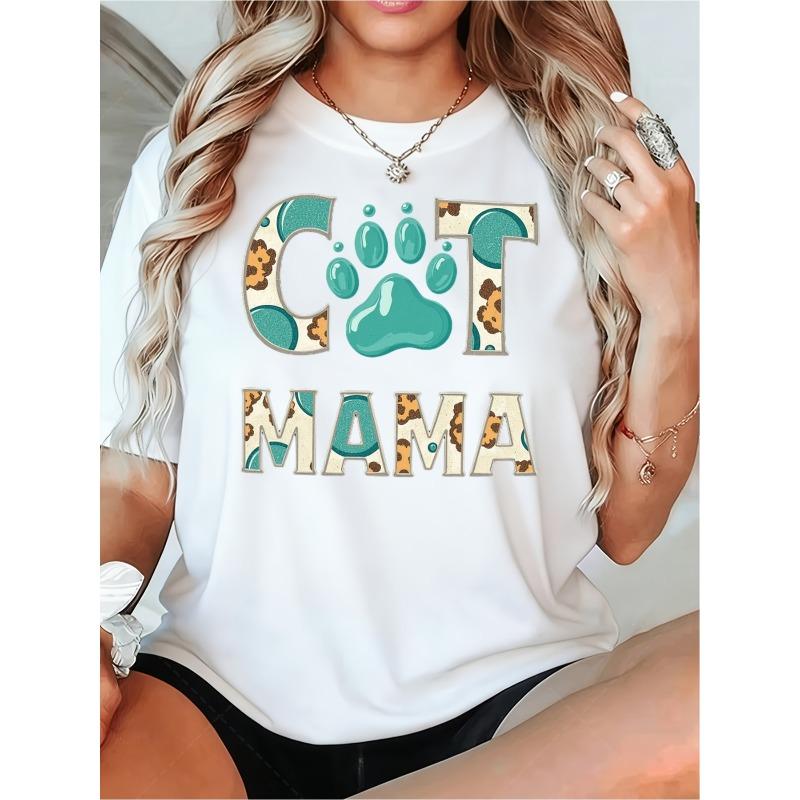 

Plus Size, Women s Cat Mama T Shirt with Paw Print & Cat Face Design Round Neck Casual Top for Cat Lovers CuteGift for Christmas Thanksgiving New Year S белый