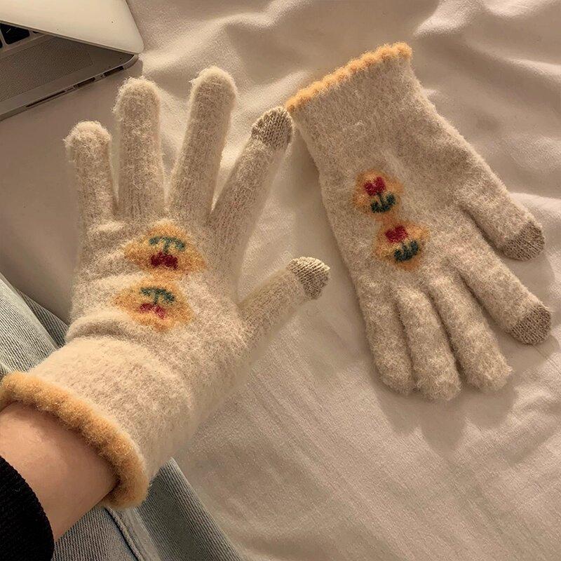 Knitted Five Finger Gloves for Women In Winter  Warm and Velvet Thickened  Student Anti Cold and Freezing Cycling Gloves