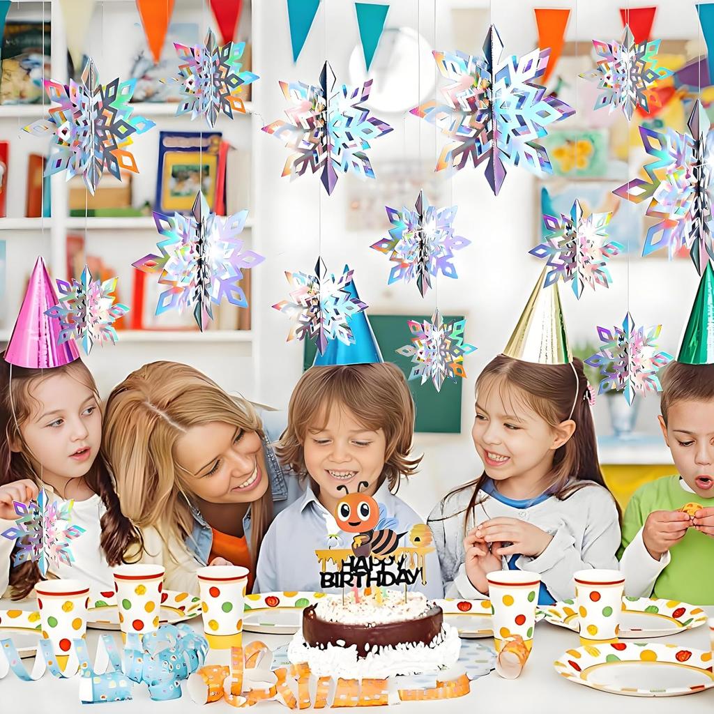 15pcs 3D Large Iridescent Paper Snowflakes Winter Ornament - Snowflakes in 3 Sizes Hanging Ornaments for Winter Wonderland Decorations Frozen