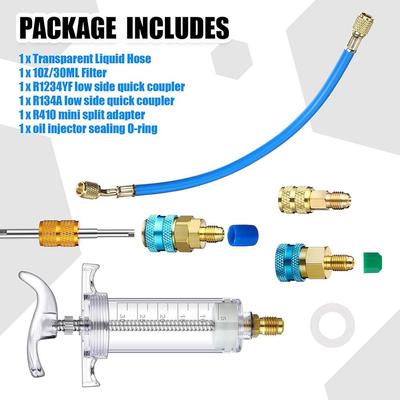 Oil And Dye Injector Kit 1/4" SAE With SAE R134a Oil Quick Split Side Coupler R410a R1234yf Low Injector 1oz/30ml Adapter T6Z7