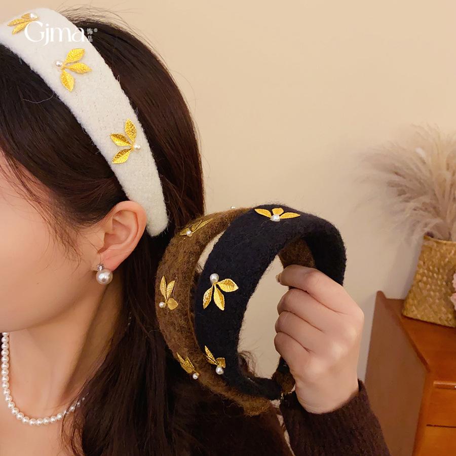 Maillard Plush Wide Leaf Pearl Headband Headband High Cranium Top Fashion Hair Accessories Women