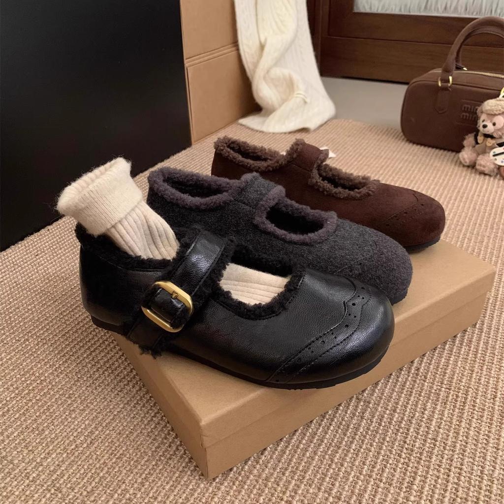 Retro sammets Birkenstocks dam höst och vinter varma fluffiga skor med Mary Jane skor bomullsskor
