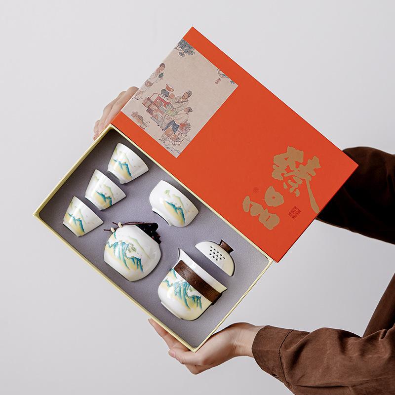 Plain-fired white porcelain Kung Fu tea set, simple whole set, hand-held pot, express guest gift box, teacup gift.