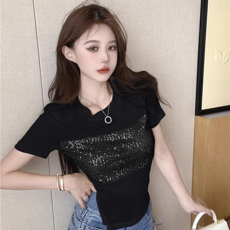 Sexy Bright T-shirts For Women Fashion Tees Black Short Sleeve Rond Neck Girls Y2K Tops Casual Wear For Club Party Cloths Lady Sexy Tees