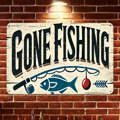 Bohemian Gone Fishing Metal Sign Rustic Wall Decor with Fish Shells Rods Perfect for Home Bar Cafe or Garage Indo