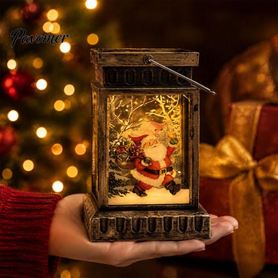 Warm LED Lantern Retro Christmas Night Light, Hand Painted Miniature Fairy Tale for Cozy Living Room Light Holiday Home Decor, Plastic Decorative Lamp
