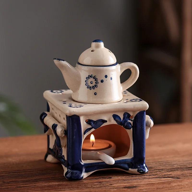 3 in 1 Vintage Reed Diffuser Essential Oil Incense Burner Ceramics Tea Warmer Set with Candle Holder Tray Home Decor Ornaments