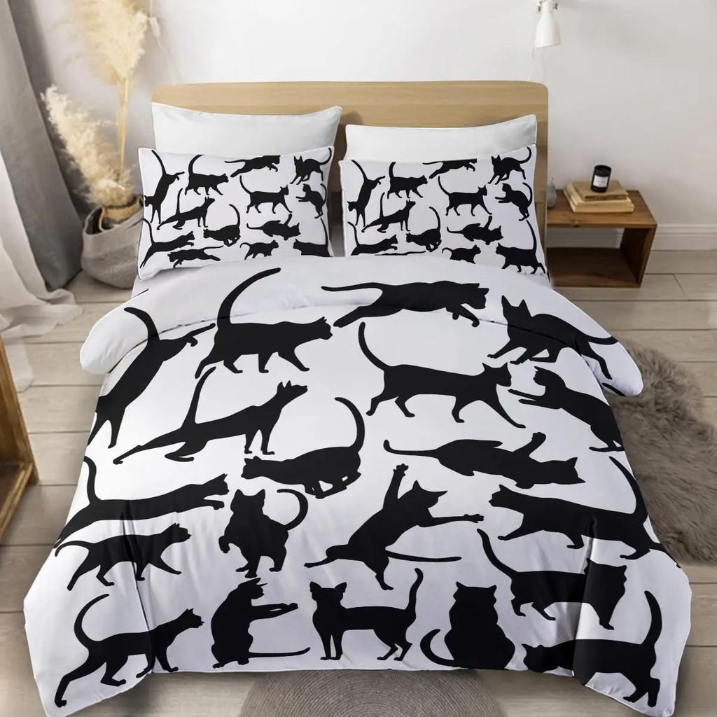 Witch Black Cat Duvet Cover Set Full,Cat Sitting On Moon Bedding Set Vintage Gothic Animals Cat Comforter Cover 2/3pcs Bed Sets