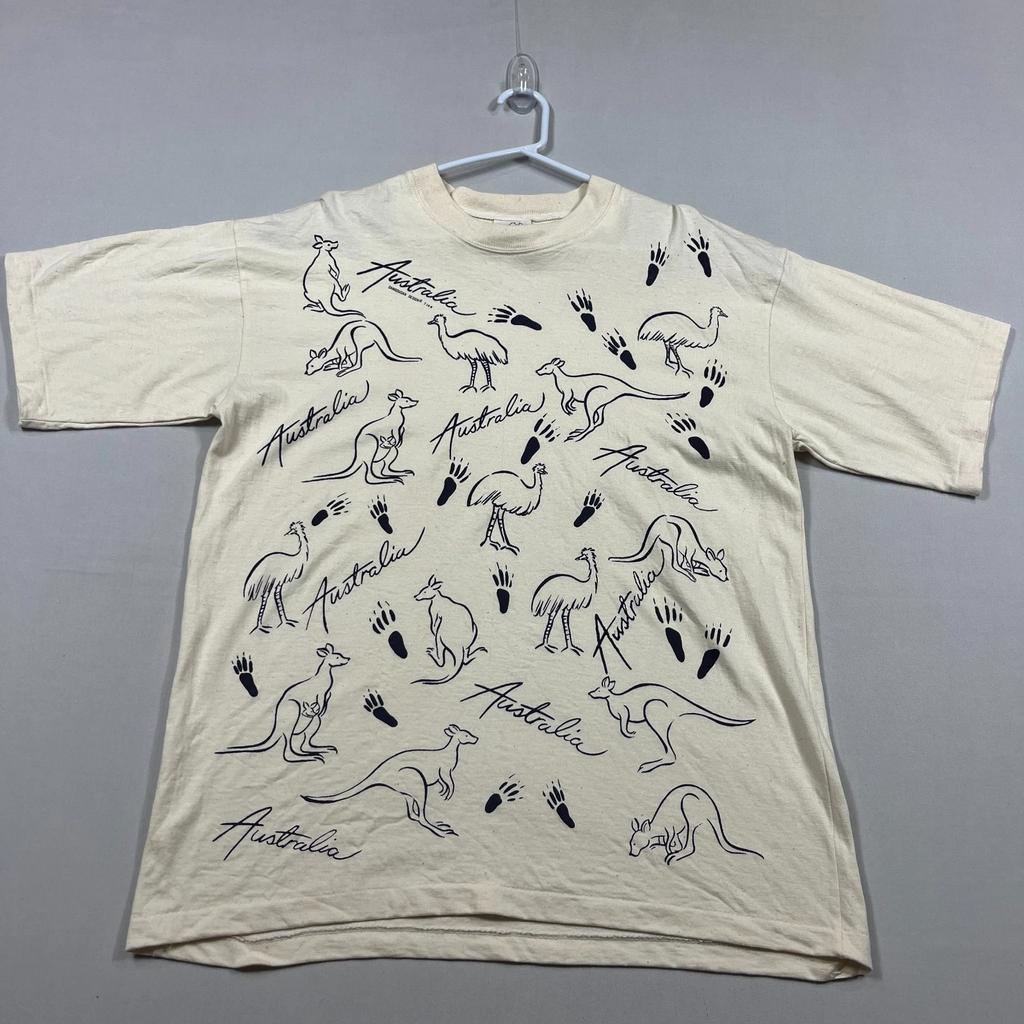 Vintage Australien T-shirt 90-tal Enkel Söm Beige Djurkonst T-shirt Herr Storlek L