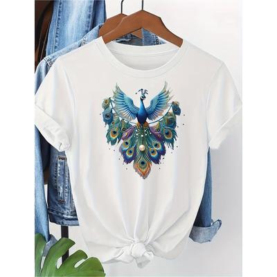Europäische Größe Damen Freizeit-T-Shirt mit Pfauenmuster | , Kurzarm, Rundhalsausschnitt, Maschinenwaschbar, Neuheit Frühling/Sommer 2026