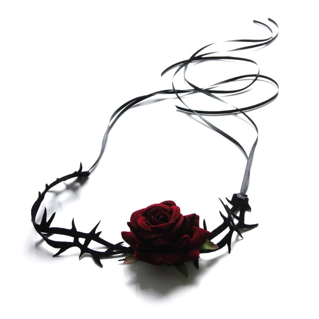 Retro Rose Clavicle Chain Necklace Thorny Rose Collar Ornament Sext Velvet-Belt Choker Gothic Collar Choker Necklace