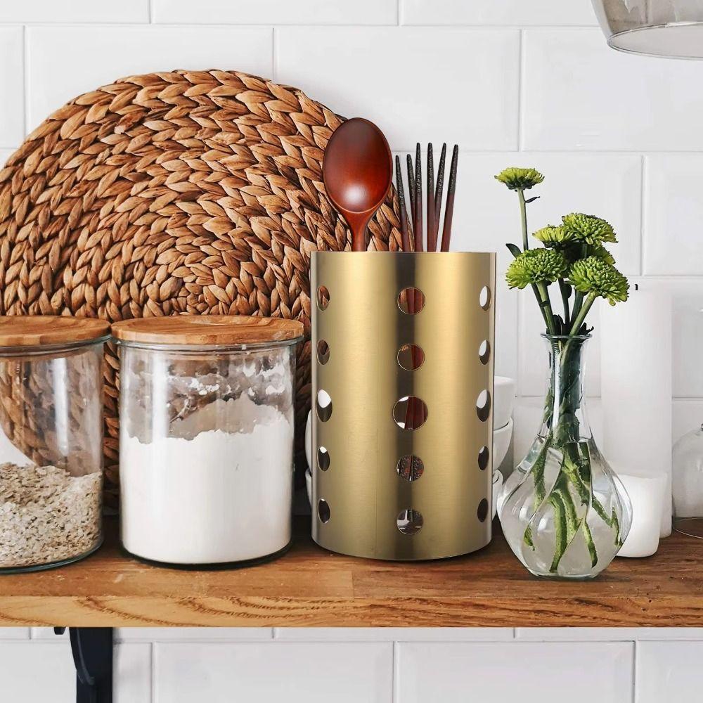 Stainless Steel Kitchen Cutlery Organizer Drainage Holes Utensil Container  Home