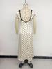 Maxi Abito a Pois in Pizzo con Scollo a V e Maniche a Sbuffo Stile Vacanza Francese