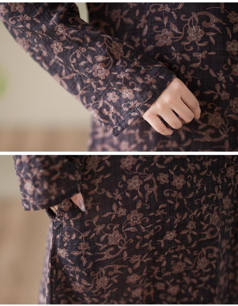 Plus Size Holiday Dress: Cotton & Linen Print, Round Neck, Loose Fit, Long Sleeve