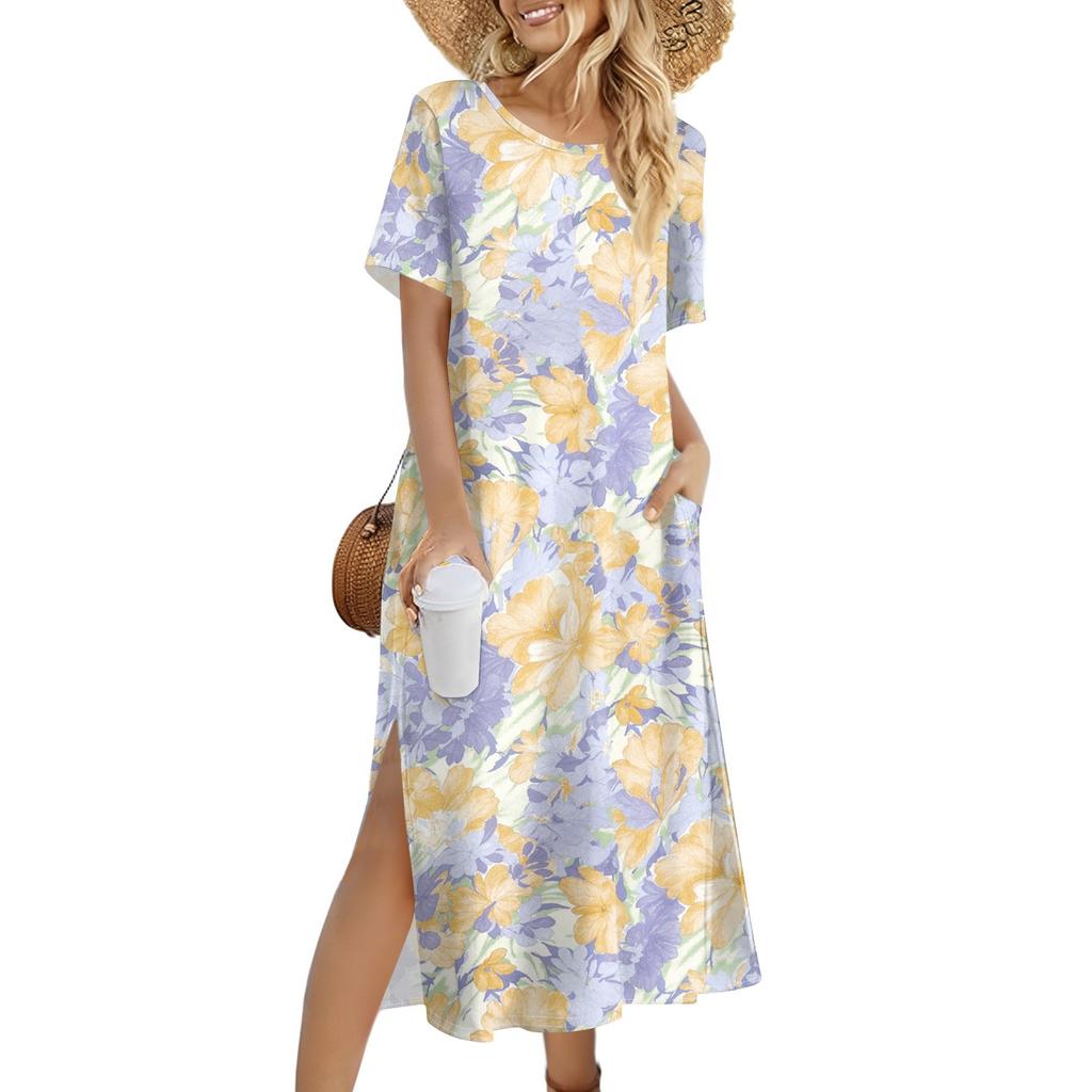 Ladies' Fashionable Summer Retro Floral Print Dress, Casual Beach Dress, Slender Vacation Dress