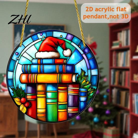 Acrylic Santa Claus Pendants Stained Glass Style Christmas Hanging Pendant, Plants Ornaments with Lanyard Double Sided Printed Xmas for Tree