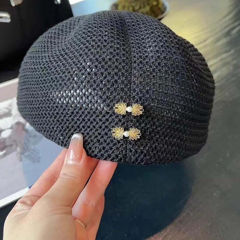 Korean Style Hollow Out Forward Cap Solid Color Vacation Beach Hat Woven Sun Beret Cap  Daily