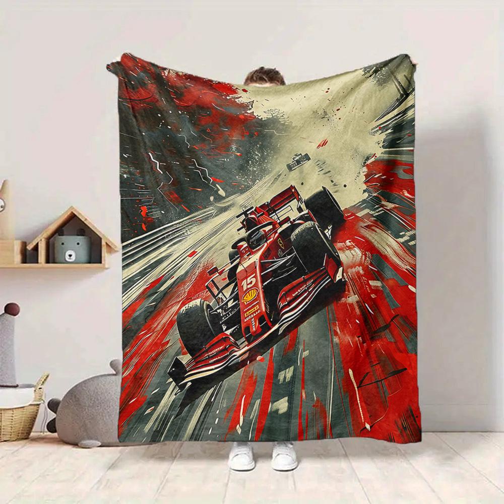 1 szt. Koc Flanelowy Wyścigowy Formuła 1 HD Nadruk Lekki Miękki Ciepły Koc na Cały Sezon do Sofy, Łóżka, Podróży, Kempingu Można Prać w Pralce