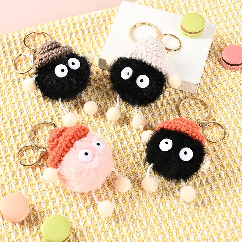 Cute Soot Sprite Faux Mink Fur Keychain Plush Doll Pendant Cartoon Bag Accessory 8cm