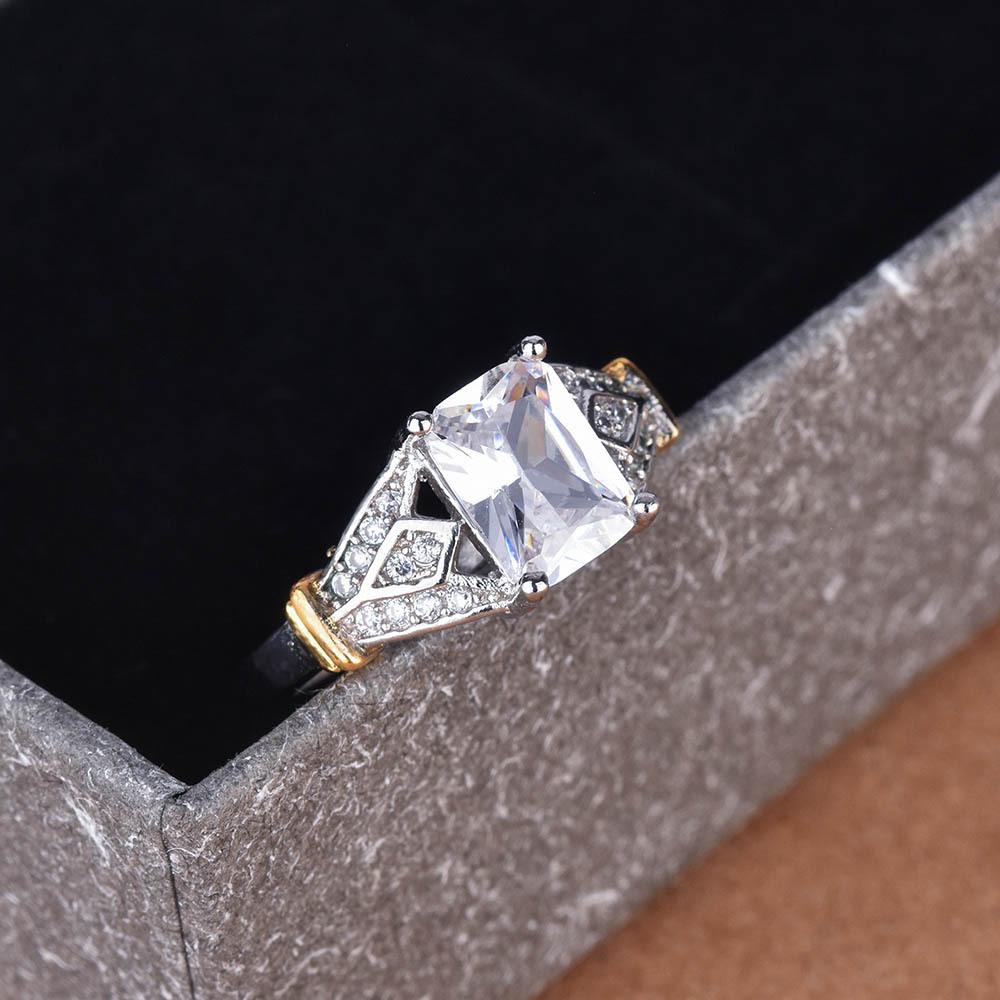 14k Gold Two Tone Women Ring with Blue Topaz and Square Zircon Stylish Jewelry no. 6 белый