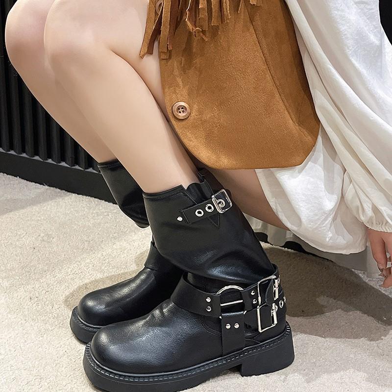 2025 autumn new Internet celebrity soft leather spice girls tooling boots women's locomotive boots medium boots thick heel knight boots women's boots