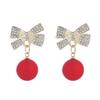 Elegant Red Faux Pearl & Diamond Bow Earrings for Women - Festive and Fashionable Holiday Accessories