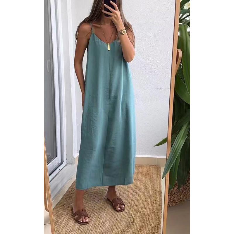 Sommer Damen Locker Spaghettiträger Kleider Damen Einfarbig V-Ausschnitt Lässig Pendeln Ärmellos Langes Kleid Weiblich Vestidos