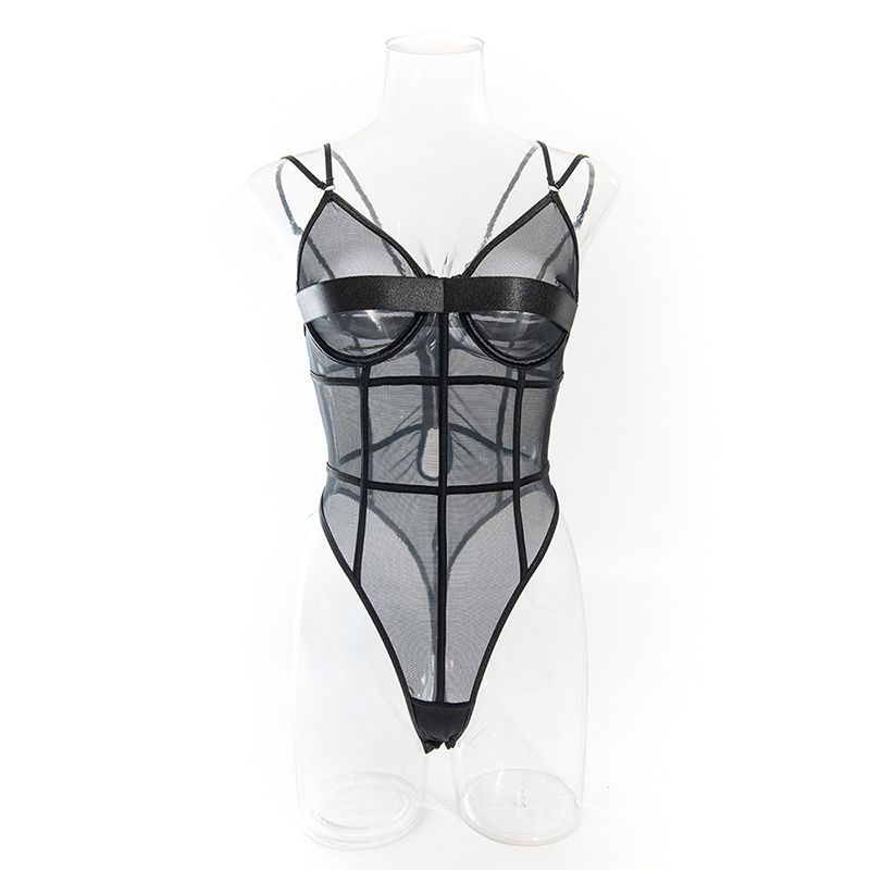 

Fashion Style Sexy Black Women s Jumpsuit Mesh See-through Deep V Push up Double-Shoulder Strap One-Piece Tops Female Mesh Black L