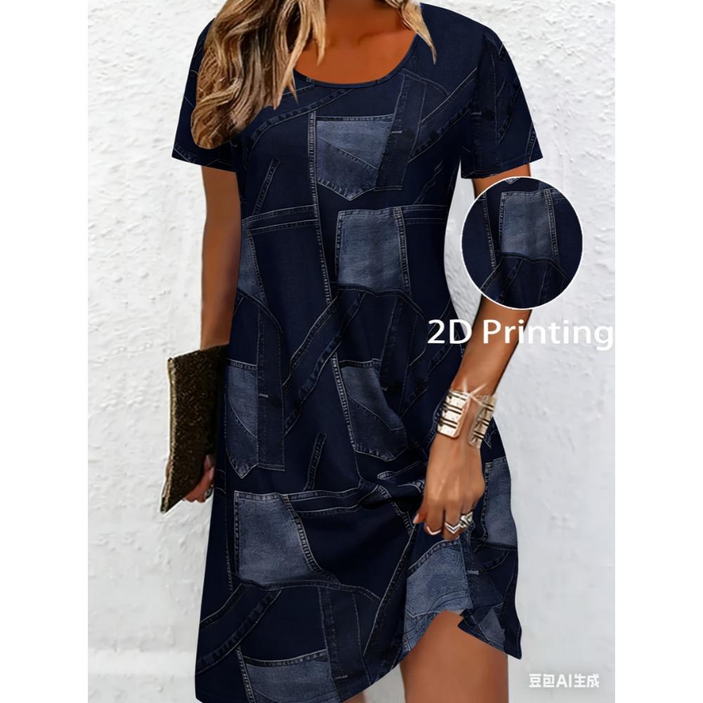 Breathable printed round-neck short-sleeved T-shirt dress
