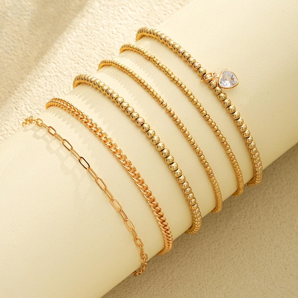 6Pcs/Set Gold Color Heart Crystal Beaded Bracelets for Women Vintage Punk CCB Stretch Pendant Bracelets Set Simple Jewelry Gifts