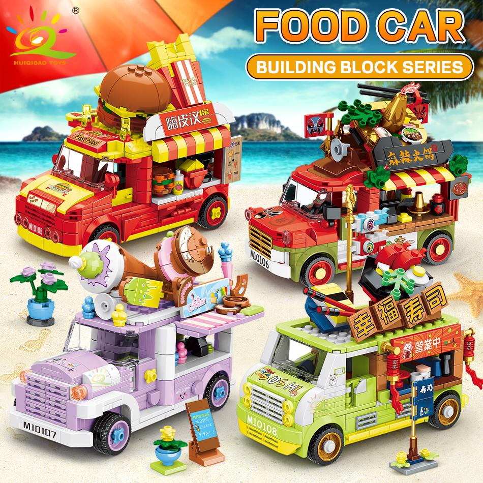 Stadtausflug Bus Burger Shop Eis Auto Bausteine Lebensmittel Street View Shop Architektur Ziegel Spielzeug für Kinder