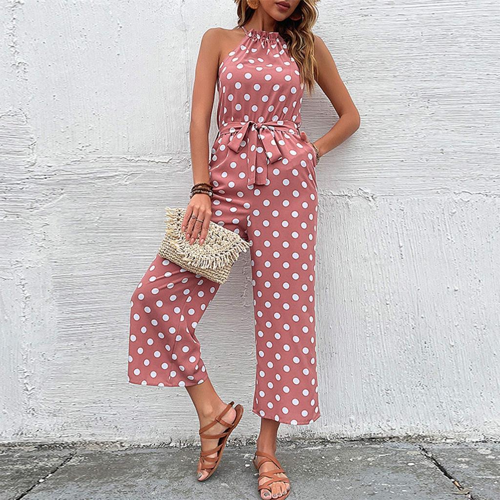 Women's Fashion Polka Dot Wide Leg Jumpsuit Neck Strap Jumpsuit