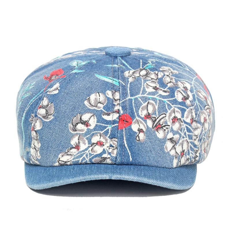 Baskenmütze für Damen, Denim-Druck, floraler achteckiger Hut, bemalter Hut, britischer Forward-Hut, Newsboy-Mütze
