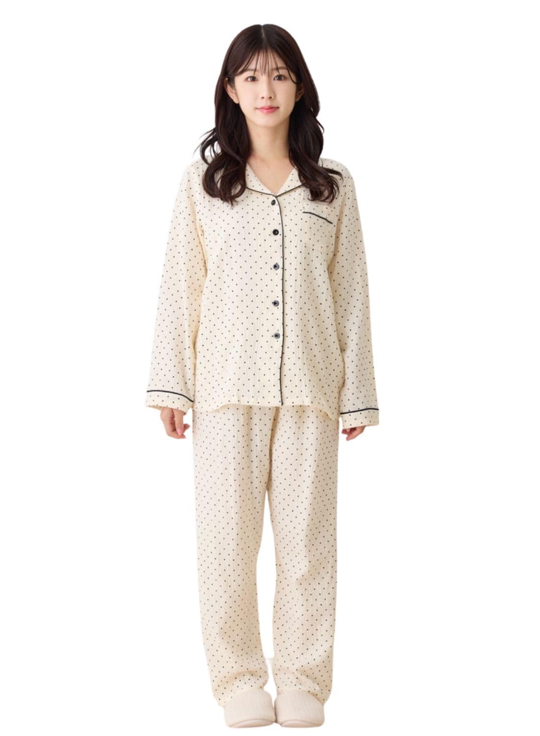 Double Gauze Hospital Gauze Pajamas for Front Top and Bottom Long Long Solid Cute Polka Dot Pattern White Polka [PANSELINA] Loungewear, Wear, Women,