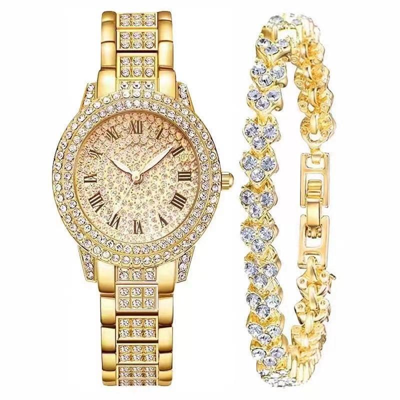 Full Diamond Roman Literary Steel Belt Watch Female Gypsy Temperament Business Quartz Watch Hip Hop Wind Full Diamond Bracelet Set