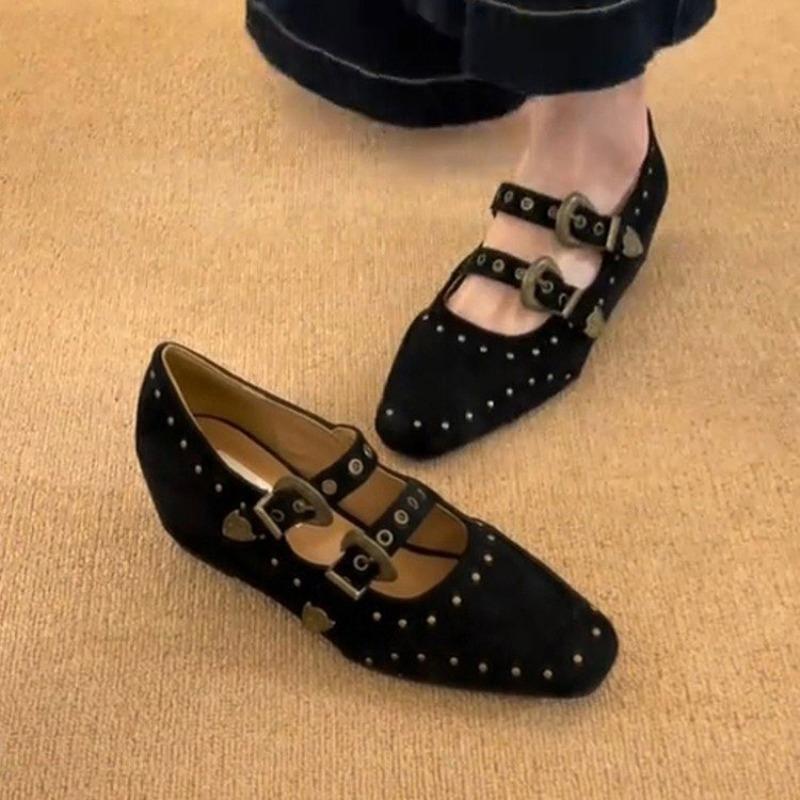 Fashion Niche Inside Heightened Square Toe Suede Mary Jane Shoes Women's Studded Shoes
