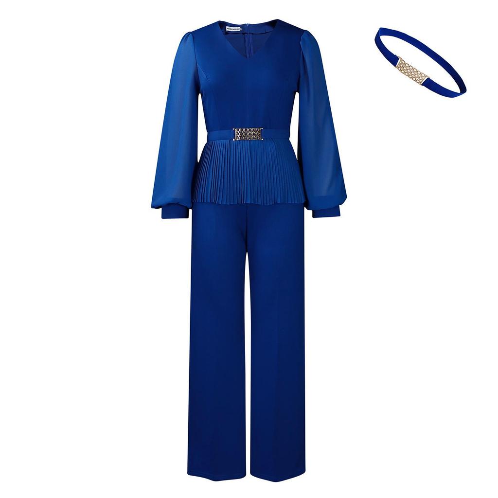 Elegant V-neck Long Sleeve Top & Wide Leg Pants Set for Women