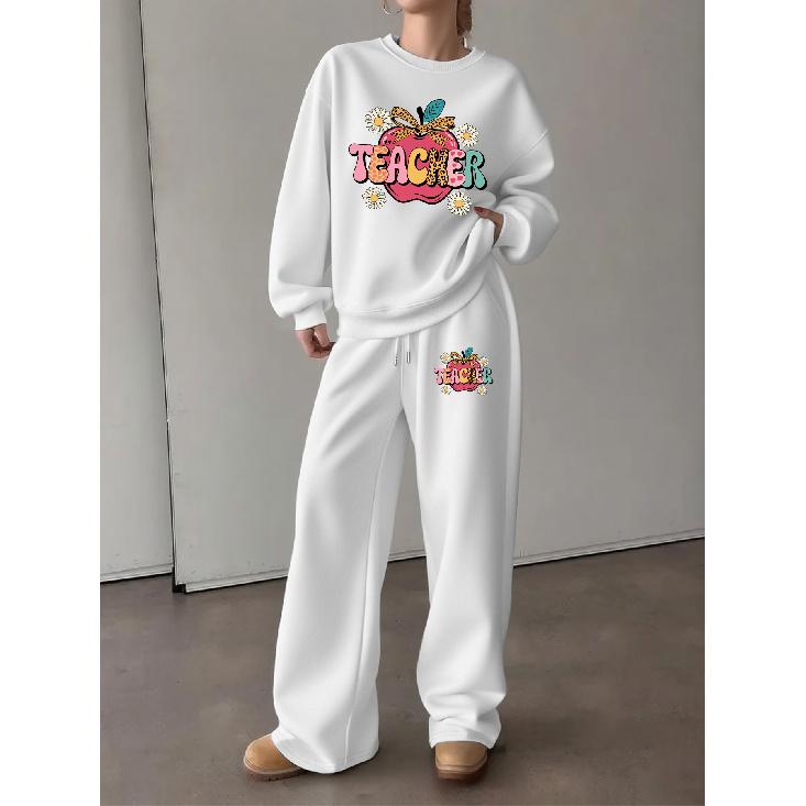 Women's Crewneck Sweatshirt & Drawstring Straight-Leg Pants Set – Cartoon Apple 'TEACHER' Print, Comfortable & Casual