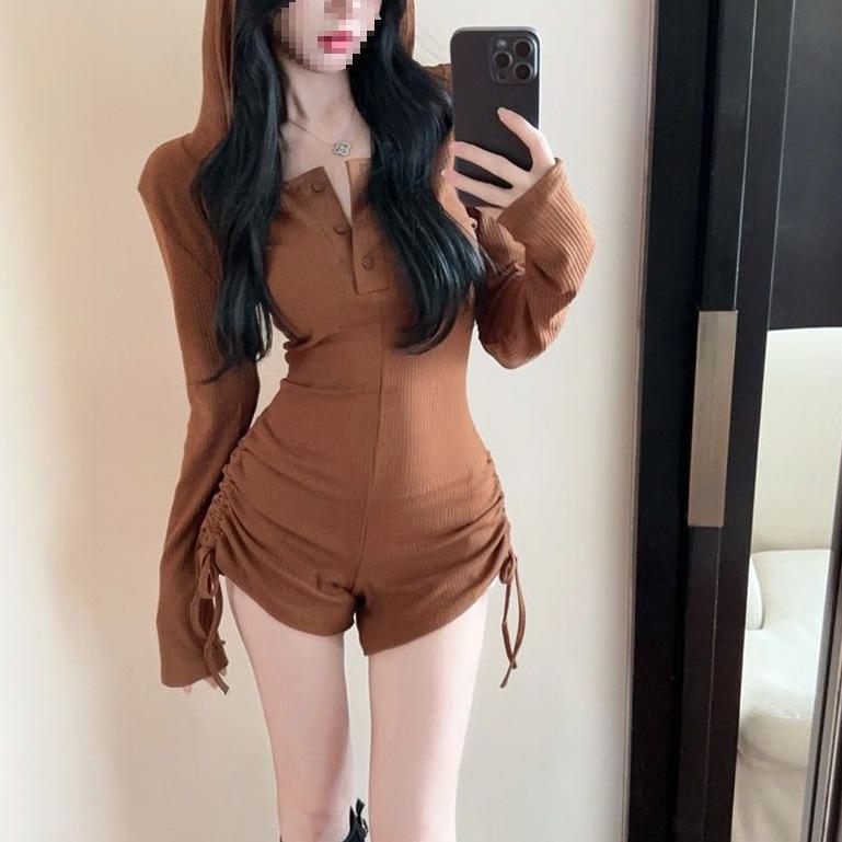 

Women s Slimming Hooded Jumpsuit - Button-Up, High-Waisted Long Sleeve Yoga Bodysuit for Fitness & Outerwear Small кофейный