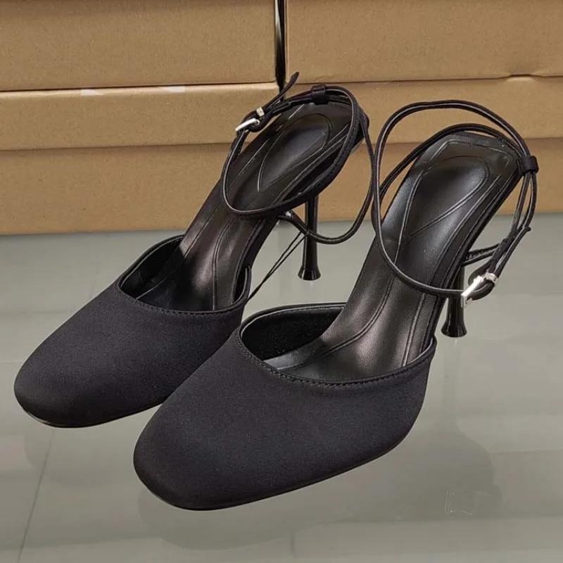 

Fashion Sexy Ankle Strap Women s Shoes 2025 Summer Luxury Designer Shallow High Heels Stilettos Black Comfort Square Toe Ladies Sandals 36 чёрный
