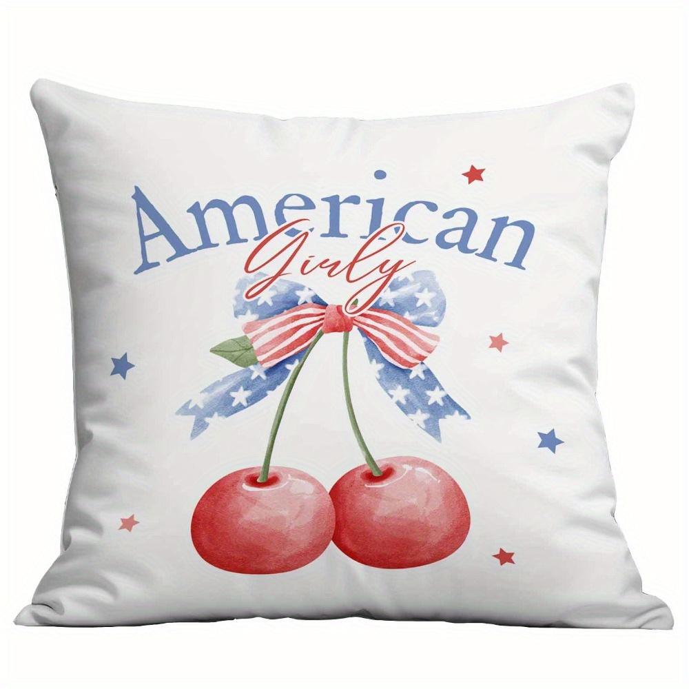 4Pcs 4Th Of July Patriotic Throw Pillow Covers, Cute Teddy Bear Cherry American Flag Print Cushion Cases, Festive Usa Home Decor