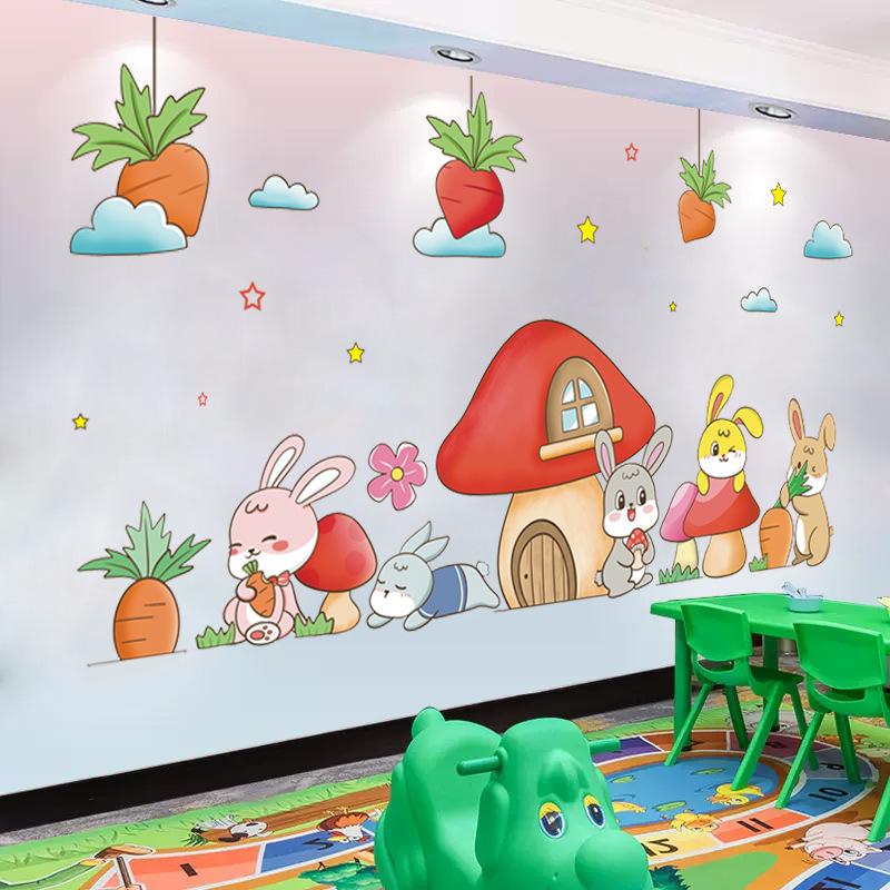 Mushroom House and Rabbit Wall Stickers for Kindergarten Classroom Decoration Kids Nursery Room Peel and Stick Removable Wall Decals