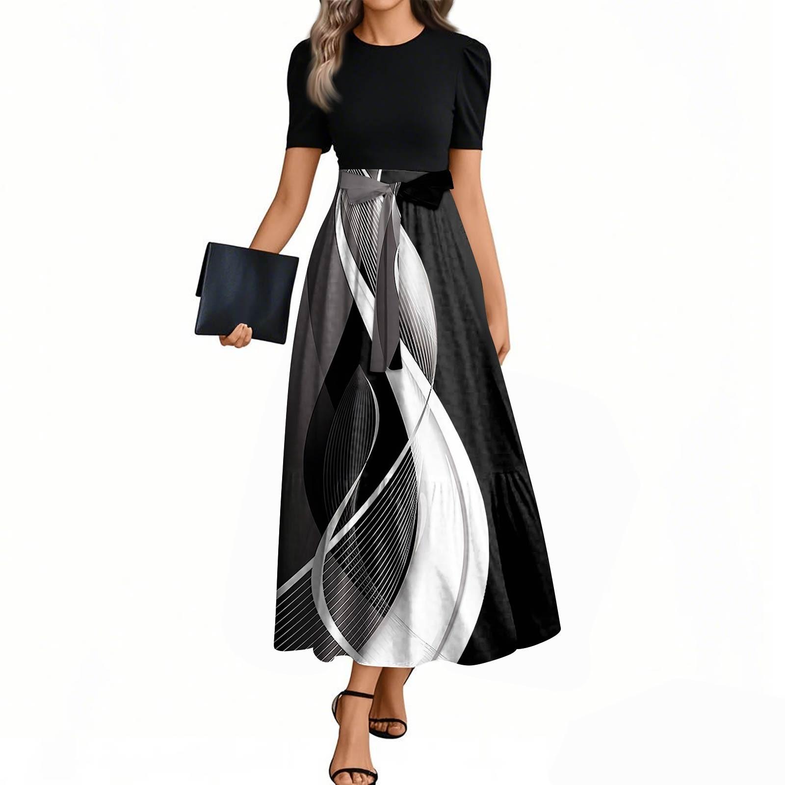 

Женская мода повседневная пояс с коротким рукавом круглый вырез винтажные цветочные сращивания элегантные темпераментные платья XXL чёрный