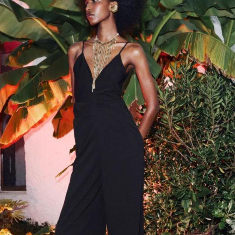 Spring New Women's Fashion Style Loose Temperament Sleeveless Crepe V-neck Strap Long Jumpsuit 1165496