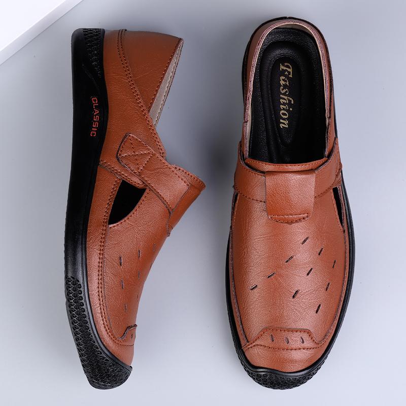 Fashion Non-Slip Man Hollow Out Sandals Genuine Leather Mens Casual Summer Flats Outdoor Loafers Leather Beach Shoes for Men Roman Shoes