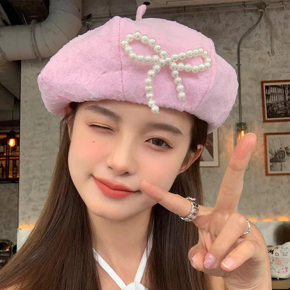 Y2K Lace Berets Cap Street Style Women Artist Hat Casual Pearls Bow Soft Hat  Girls