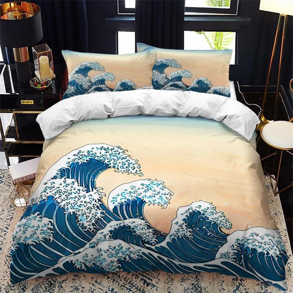 Dynetrekk i japansk stil King Queen Full størrelse Ukiyo-e-tema bølgemønster polyester sengetøysett Fuji Mountain Exotic Style