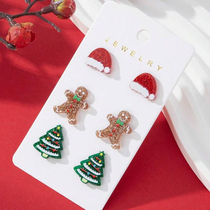 3pairs/Set Acrylic Santa Claus Hat, Gingerbread Man, Christmas Tree Design Stud Earrings, Colorful Christmas Jewelry For Women