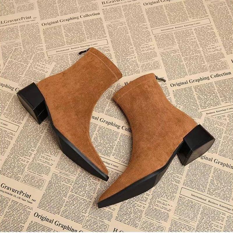 Fashion Autumn Leopard SuedeWomen Ankle Boots Thick Heels Pointed Toe Shoes Modern Short Botas Para Mujer