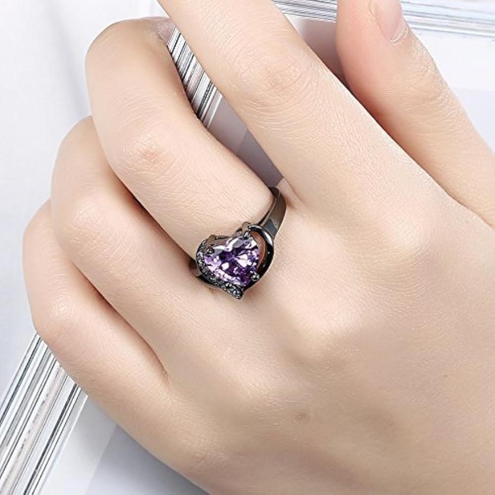 Romantic 18K Black Gold Plated Promise Band Ring Wedding Purple Heart Cubic Zirconia Rings for Women